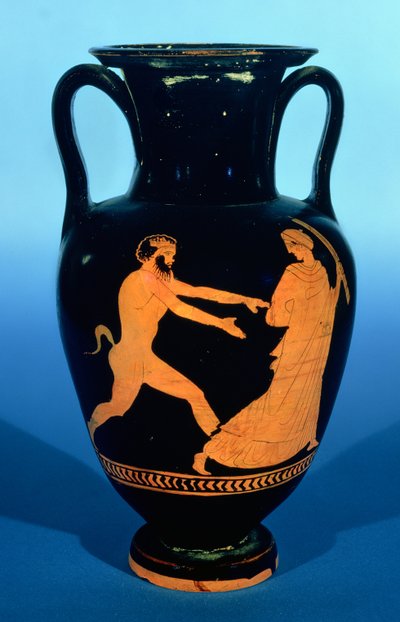 Ánfora nolan de figuras rojas áticas, decorada con una dama siendo perseguida por un sátiro, c.450-440 a.C. de Greek
